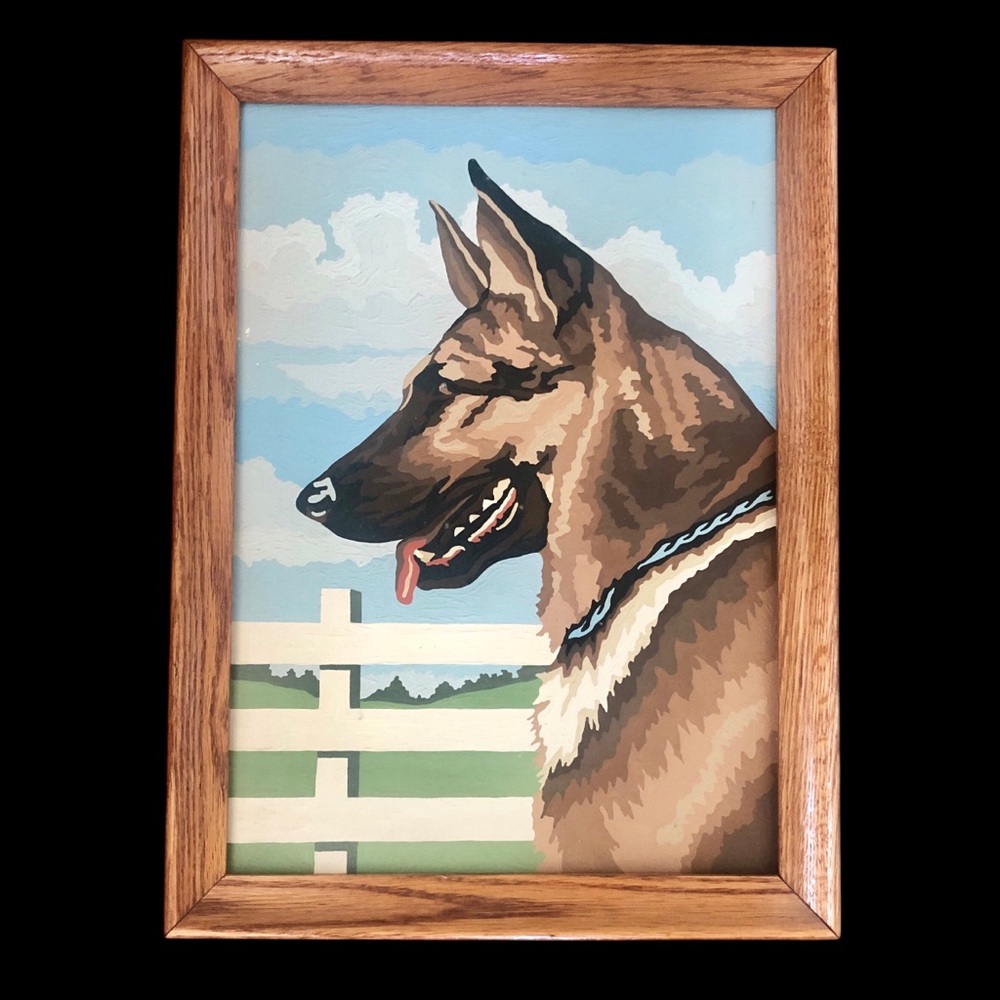 Vintage 1960s Paint By Number German Shepherd Dog Framed 10x14 MCM Wall Art